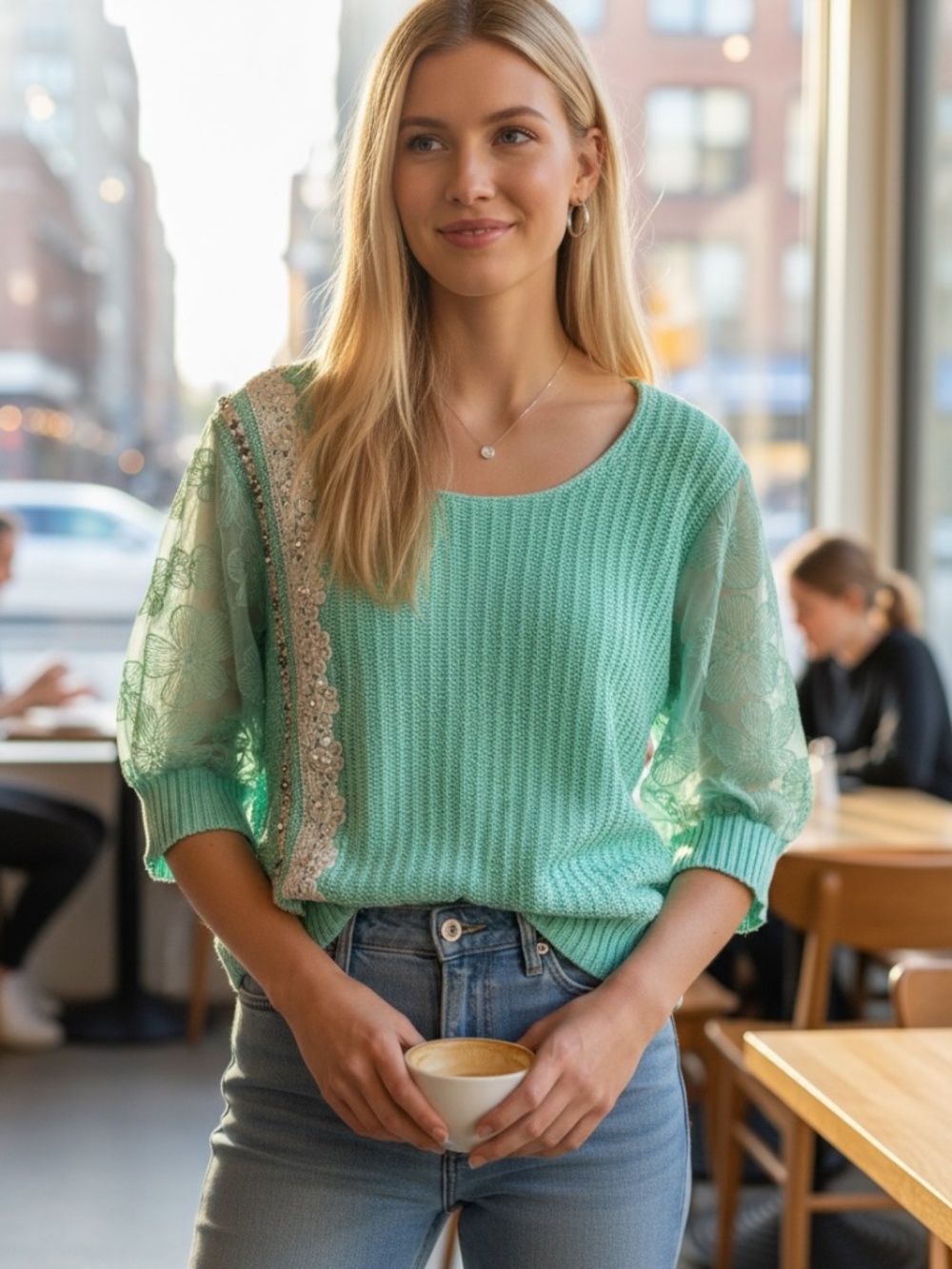 POL Mint Green Knit Sweater with Embellishments